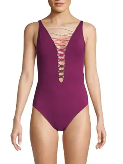 Bleu Rod Beattie Let's Get Knotty Lace-front One-piece Swimsuit In Cherry Wine