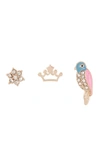 AREA STARS Crown & Bird Stud Earrings - Set of 3