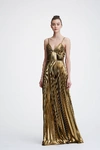 MARCHESA NOTTE SLEEVELESS PLEATED LAME EVENING GOWN,MN18HG0757G-2