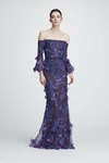 MARCHESA NOTTE NAVY OFF THE SHOULDER EMBROIDERED GOWN,MN19RG0731N-2