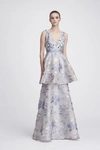 MARCHESA NOTTE SLEEVELESS FLORAL FILS COUPE TIERED GOWN,MN19RG0732B-1
