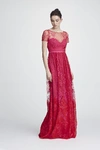 MARCHESA NOTTE SHORT SLEEVE CHIFFON AND LACE EVENING GOWN,MN19RG0733P-1