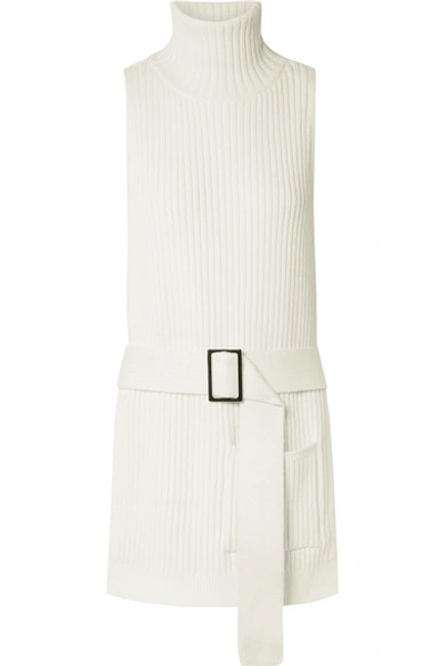 Tibi Belted Ribbed Merino Wool Turtleneck Vest In White
