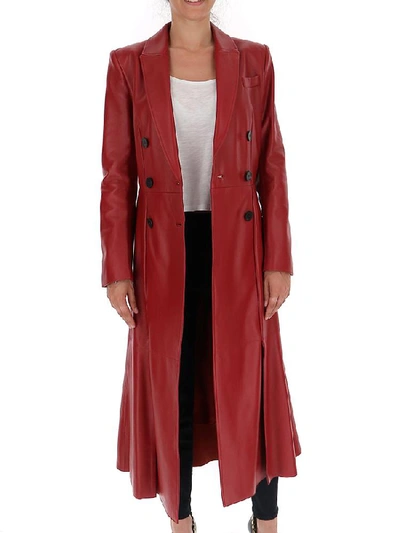 Alexander Mcqueen Double-breasted Fluted-hem Leather Coat In Red