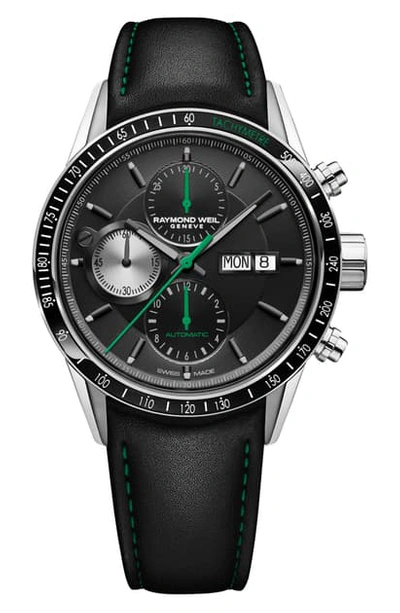 Raymond Weil Men's Swiss Automatic Chronograph Freelancer Black Leather Strap Watch 42mm