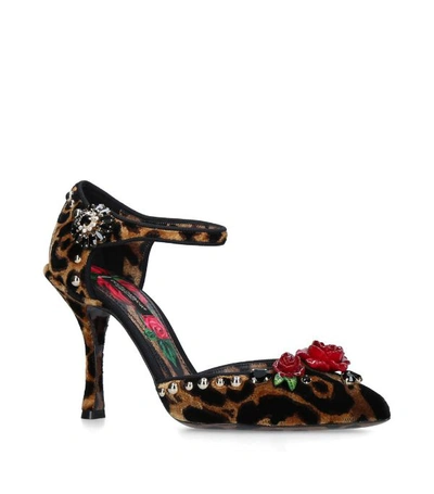 Dolce & Gabbana Velvet Ankle-strap Pumps With Embroidery In Leopard Print