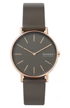 Skagen Women's Signatur Charcoal Leather Strap Watch 38mm In Grey/ Rose Gold