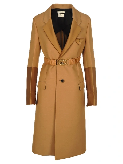 Bottega Veneta Wool Coat With Scuba Duchesse Details In Camel