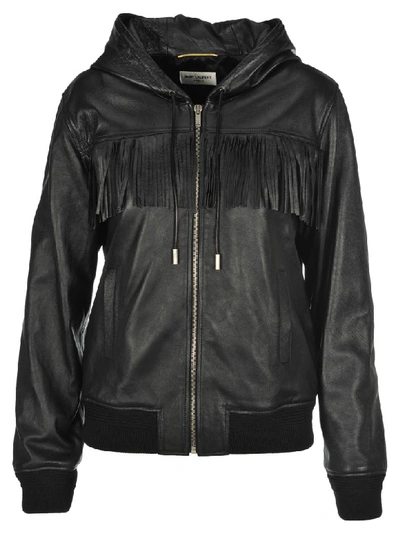 Saint Laurent Shiny Lambskin Fringed Hoodie Jacket In Black