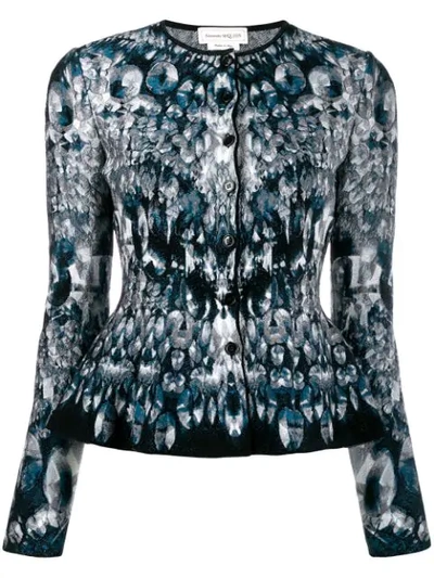Alexander Mcqueen Abstract Pattern Knitted Peplum Cardigan In Blue/ Black/ Ivory