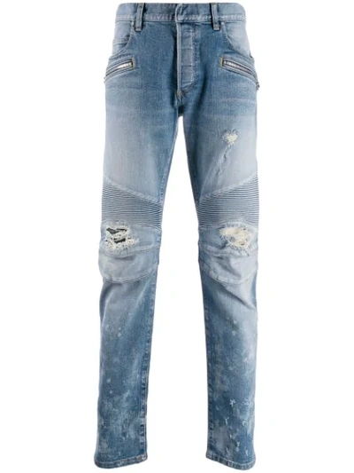 Balmain Zipped Pocket Distressed Jeans In Blue
