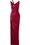 VERSACE CUTOUT BUTTON-DETAILED RUCHED SATIN GOWN