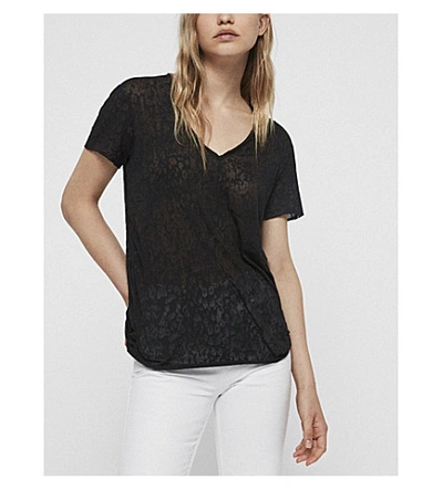 Allsaints Emelyn Leopard-pattern Cotton-blend T-shirt In Black
