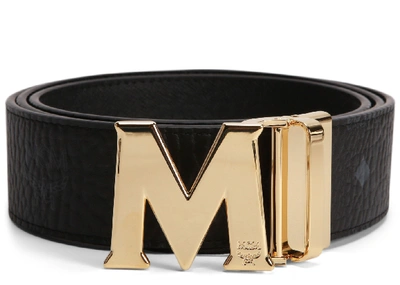 Pre-owned Mcm Claus M Reversible Belt Visetos 24k Gold 1.75w 51in/130cm Black
