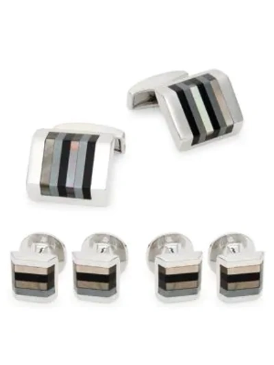 Tateossian 3-pair Mother-of-pearl Striped Cufflinks In Grey Multi