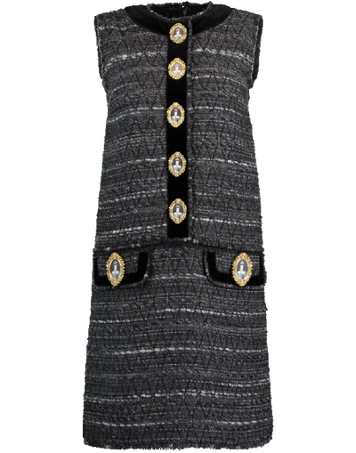 Dolce & Gabbana Sleeveless Tweed Shift Dress In Grey