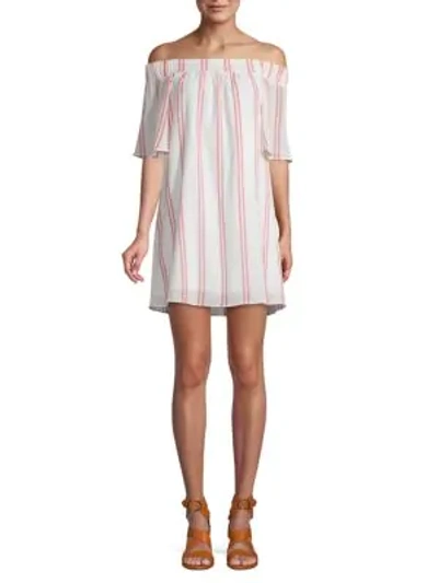 Bcbgeneration Off-the-shoulder Striped Cotton Shift Dress In Optic White