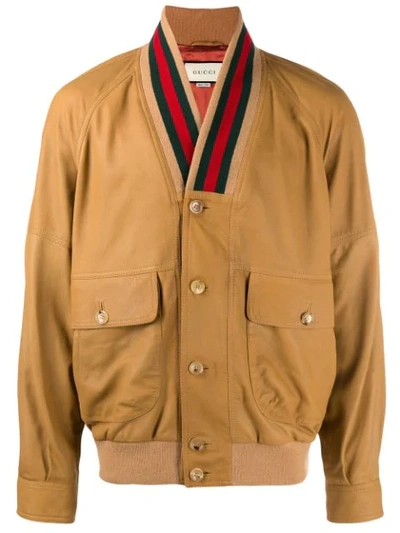 Gucci Leather Bomber Jacket W/web Collar In Camel