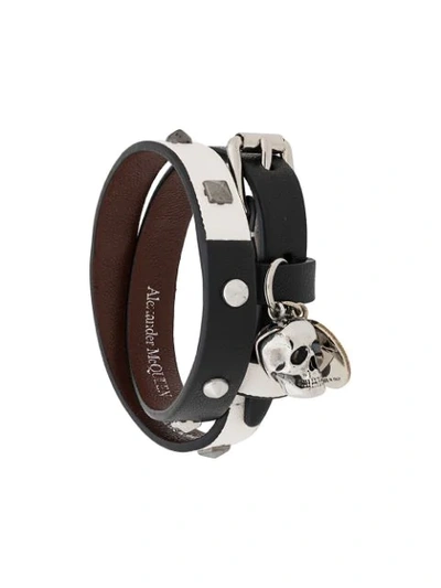 Alexander Mcqueen Studded Leather Double-wrap Charm Bracelet In Black White