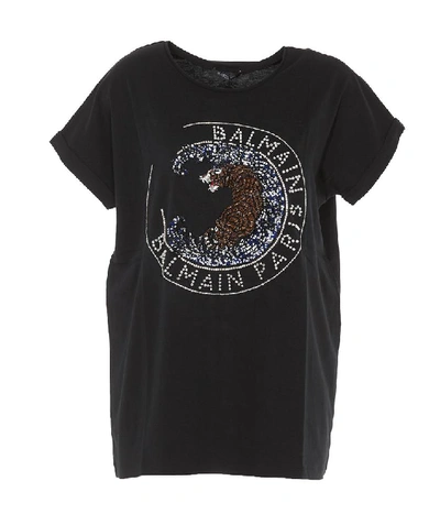 Balmain Embellished Tiger Logo Tee In Black