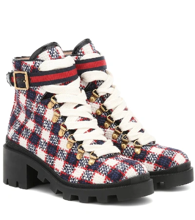 Gucci Red & White Check Tweed Ankle Boots In Blue