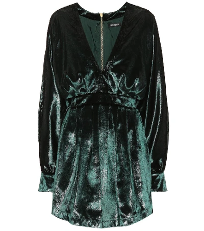 Balmain Kimono-sleeve Gathered Velvet Mini Dress In Green