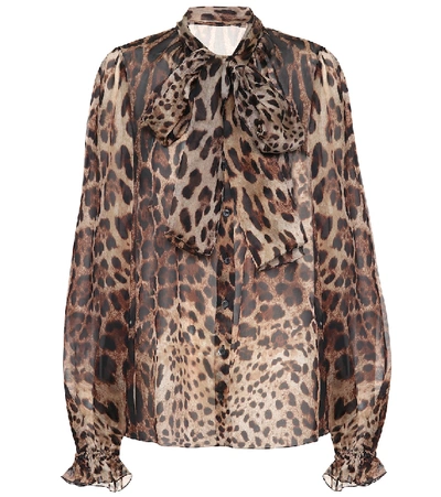 Dolce & Gabbana Pussy-bow Leopard-print Silk-chiffon Blouse In Brown