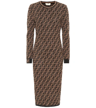 Fendi Long Sleeve Logo Jacquard Wool, Silk & Cashmere Jumper Dress In Brown
