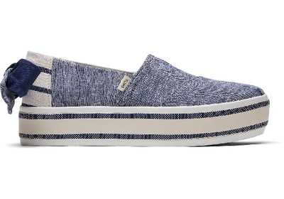 Toms Navy Chambray With Bow Platform Women's Boardwalk Espadrilles Shoes