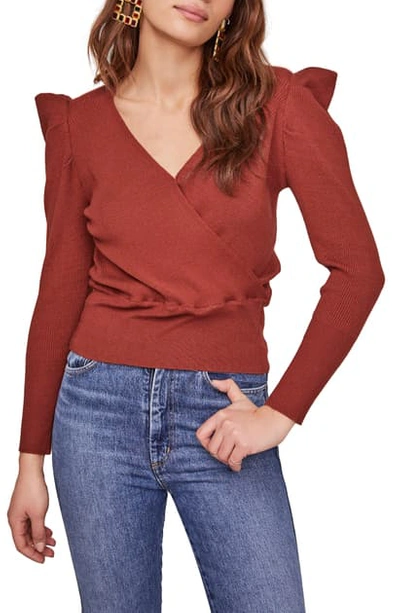 Astr Suki Surplice Puff Shoulder Sweater In Burnt Amber