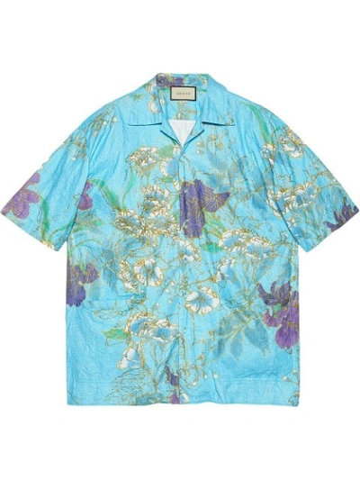 Gucci Oversize Paper Effect Bowling Shirt In Blue