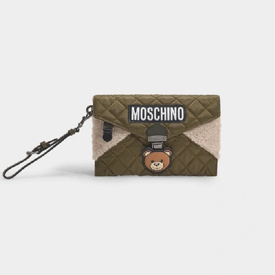 Moschino Teddy Clutch In Green Nylon And Beige Shearling In Military Green