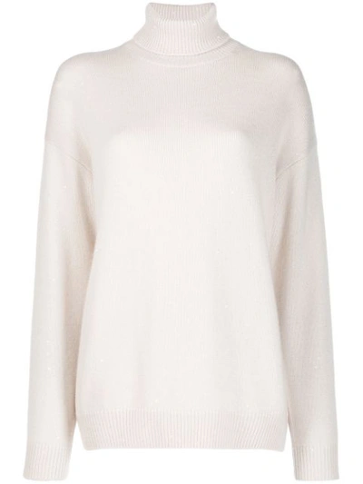 Brunello Cucinelli Roll Neck Ribbed Detail Sweater In Neutrals
