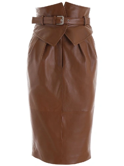 Alberta Ferretti Belted Leather Pencil Midi Skirt In Brown
