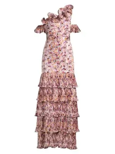 Alexis Amonda Floral Pleated Tiered Long Dress In Lilac Beaded Floral