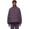 BALENCIAGA Blue & Red Check Flannel Quilted Zip-Up Jacket