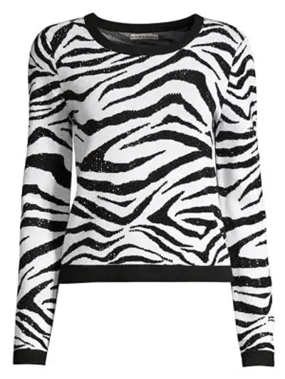Alice And Olivia Connie Animal Print Stud Detail Stretch Wool Sweater In Black White