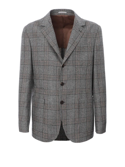 Brunello Cucinelli Prince Of Wales Wool Unlined Blazer In Grey