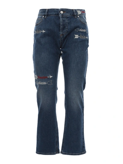 Red Valentino Cropped Jeans With Embroidered Arrows In Medium Wash