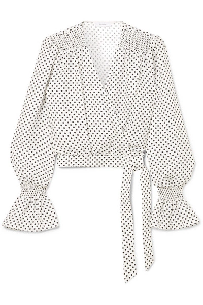 Art Dealer Shirred Polka-dot Silk-jacquard Wrap Top In White