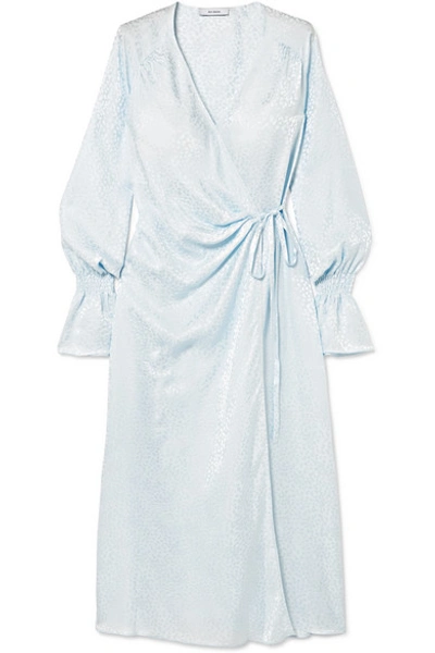 Art Dealer Shirred Silk-jacquard Wrap Dress In Sky Blue