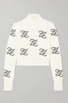 FENDI CROPPED EMBROIDERED WOOL AND CASHMERE-BLEND TURTLENECK SWEATER