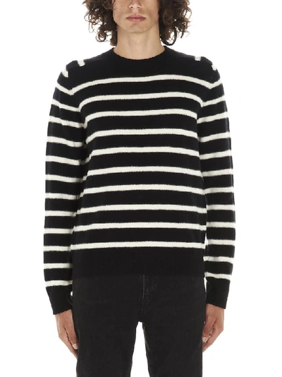 Saint Laurent Striped Brushed Virgin Wool Sweater In Black