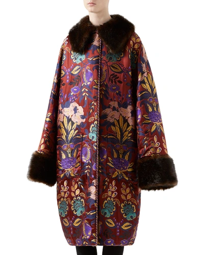 Gucci Floral Silk Jacquard Coat W/ Faux-fur Trim In Red Pattern