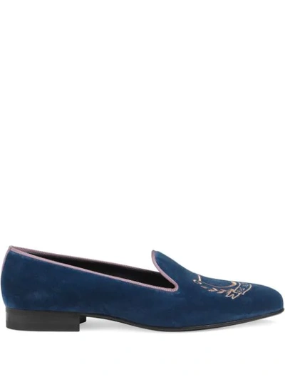 Gucci Velvet Loafer With Lyre Embroidery In Blue