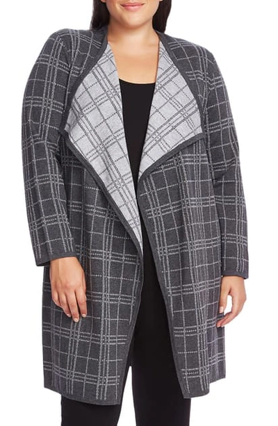 Vince Camuto Plaid Open Front Cardigan In Med Heather Grey