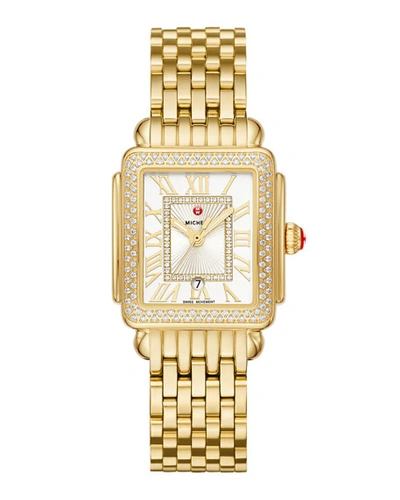 Michele Deco Madison Mid 18k Gold Diamond Bracelet Watch In White/gold