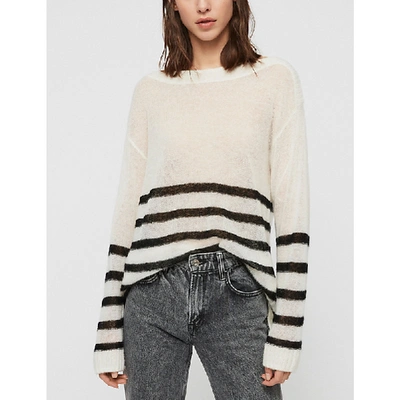 Allsaints Lune Striped Relaxed Fine-knit Jumper In Chalk White/bl