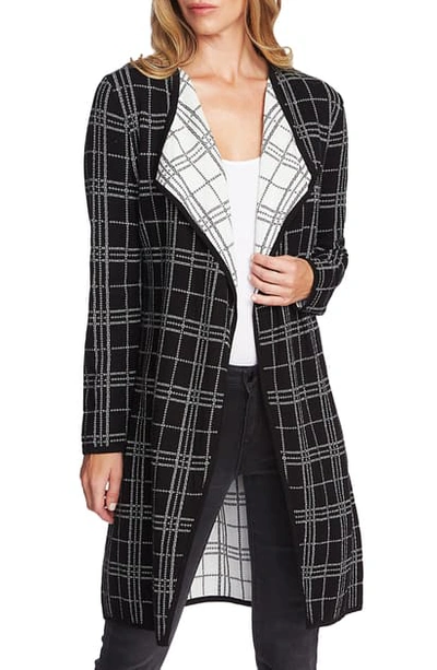 Vince Camuto Plaid Open Front Combed Cotton Cardigan In Rich Black