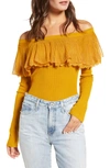 English Factory Off The Shoulder Textured Ruffle Sweater In Mustard